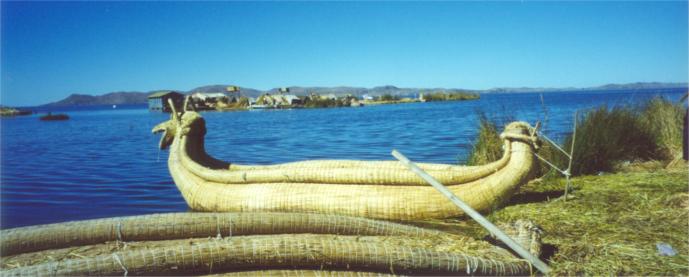 A traditional reed boat of the Uros people on one of the "Islas Flotantes" (floating islands) 